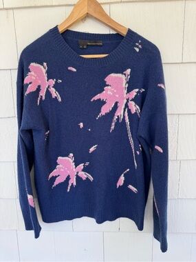 360 Cashmere Intarsia Palm Tree Crewneck Sweater Blue Pink size Medium